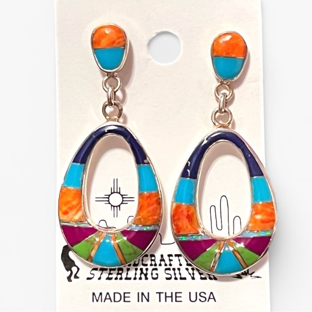Native American Turquoise Purple Orange Spiny Oyster Inlaid Oval Drop Earrings